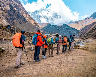Tourist group on the hike to Salkantay mountain